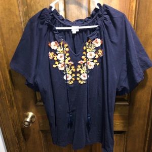 Keep In Touch Embroidered Boho Peasant Top Sz XL